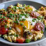 Fluffy scrambled eggs with sautéed vegetables and melted cheese in a wholesome breakfast bowl.  