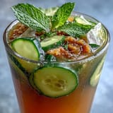 Crisp cucumber, sweet apple, and zesty ginger blend into a revitalizing detox juice, served over ice with lemon.