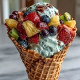 A vibrant platter of waffle cones filled with fresh summer fruits and creamy yogurt dip, perfect for festive gatherings.  