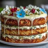 Spring Cake with Pressed Edible Flowers and Lemon Curd, featuring a light sponge, vibrant lemon curd, and edible flower decorations.