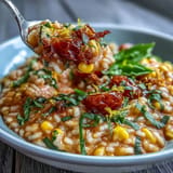 Golden Summer Tomato Corn Risotto, a hearty Italian comfort dish, ready to serve.