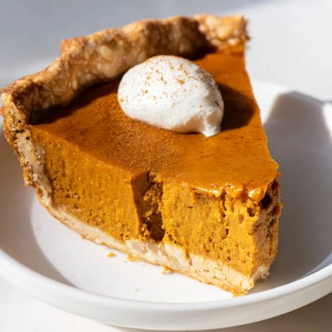 A slice of warm pumpkin pie, perfect for Thanksgiving, with a creamy, spiced filling.