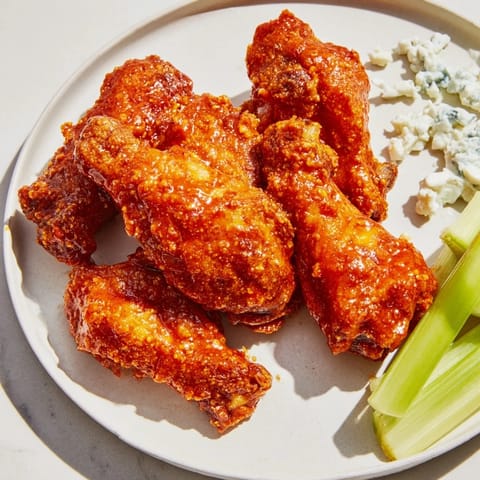 Golden, deep-fried Buffalo wings tossed in a vibrant, flavorful sauce, perfect for game day.