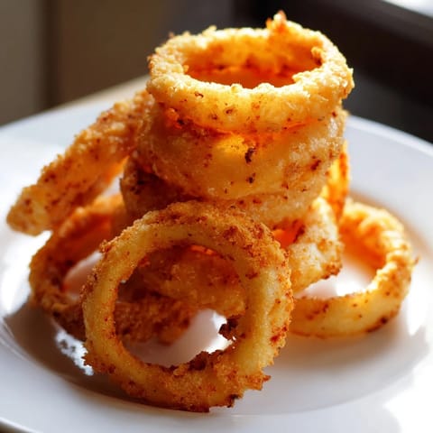 Close-up of golden brown onion rings, the perfect crispy American recipe to share.