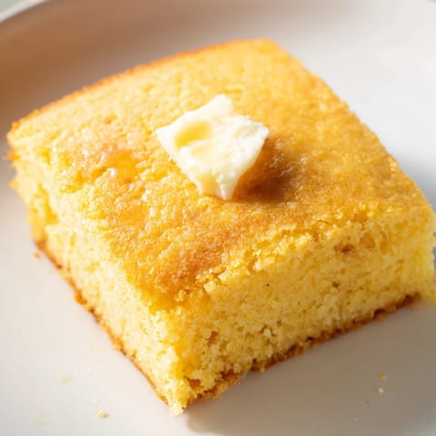 This photo features warm, homemade cornbread, ready to slice, with a crisp, golden crust.