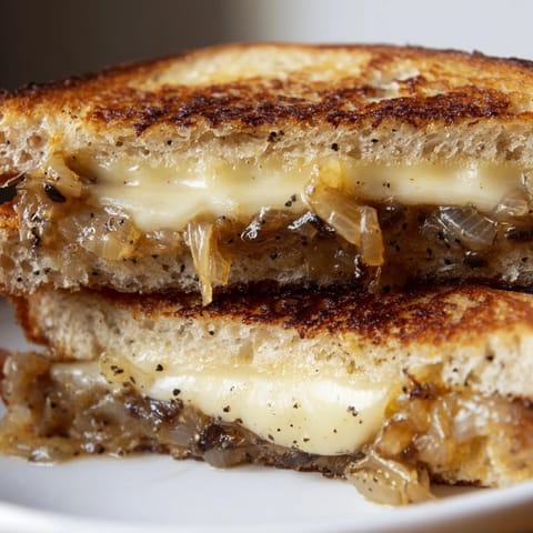 A close-up of caramelized onion grilled cheese, showing buttery golden-brown sourdough slices stuffed with sweet jammy onions and melted sharp white cheddar.  