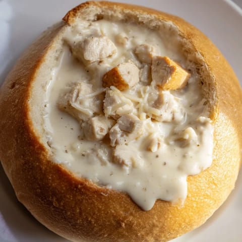 Steaming Chicken Alfredo served in a hollowed-out crusty bread bowl, perfect for dipping and sharing.