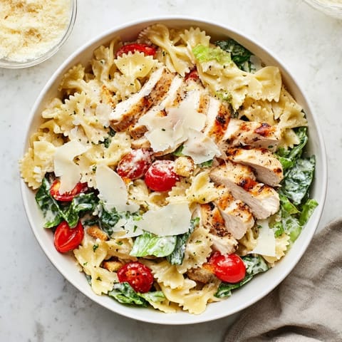 Tender sliced chicken breast crowns a hearty bowl of Caesar pasta salad, featuring fresh romaine, juicy cherry tomatoes, and golden croutons, dressed in a rich, savory Caesar dressing.