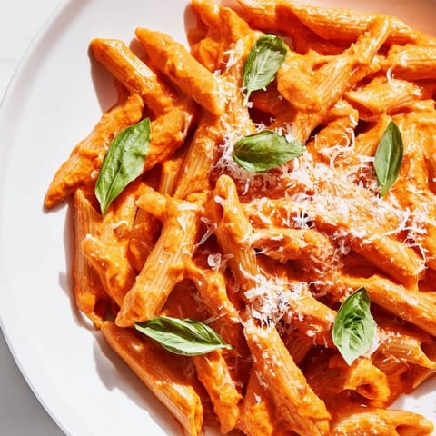 A close-up of velvety roasted red pepper pasta, steam rising from the skillet with a sprinkle of parmesan.