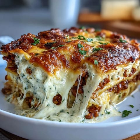 A close-up of One-Pan Smoky Veggie Lentil Lasagne featuring rich béchamel and smoky lentil layers.