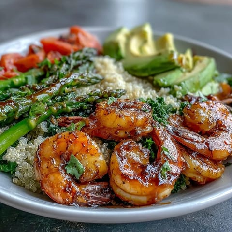 Healthy detox Buddha bowl with shrimp and quinoa, topped with red cabbage, diced tomato, and balsamic glaze.