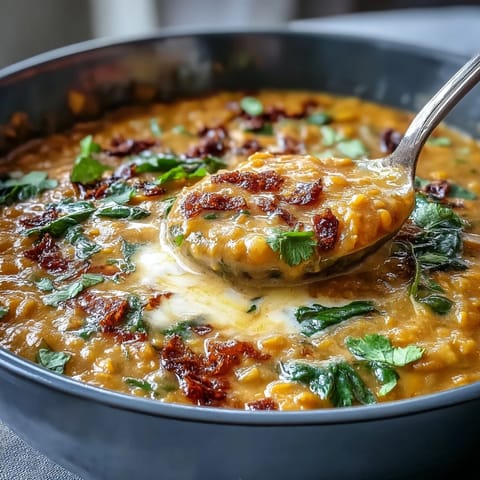 Creamy red lentil Dhal with Cumin-Roasted Cauliflower topped with fresh cilantro and served alongside fluffy white basmati rice.