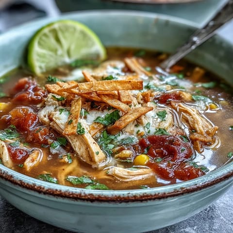 A ladle serves up the Best Chicken Tortilla Soup, packed with tender chicken, sweet corn, and fire-roasted tomatoes.