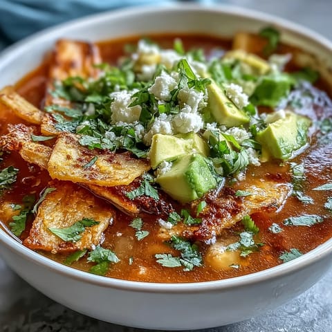 Crispy tortilla strips and creamy panela cheese top a steaming bowl of authentic Sopa Azteca.