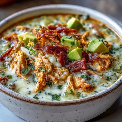 A close-up of Creamy Chicken Tortilla Soup featuring tender shredded chicken, salsa verde, and a creamy lime-finished broth.