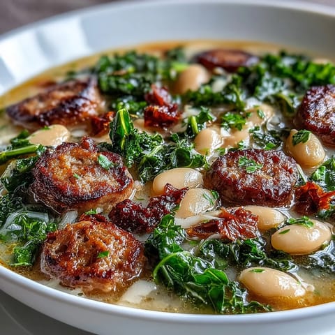 A close-up of Italian White Bean Soup with Kale and Sausage, topped with grated Parmesan and a drizzle of olive oil. 