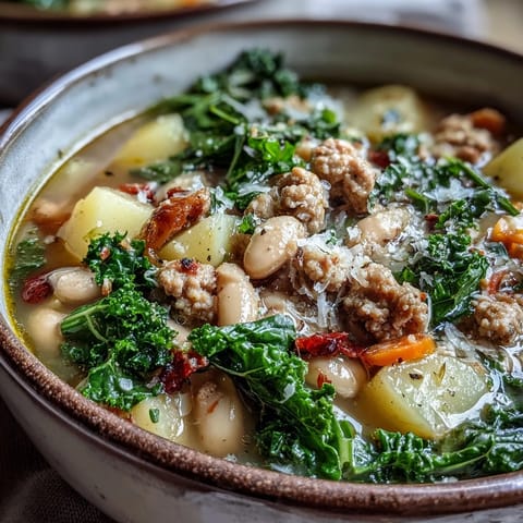 A rustic wooden table displays a pot of Tuscan White Bean Sausage Soup featuring Yukon Gold potatoes, carrots, and crusty bread.