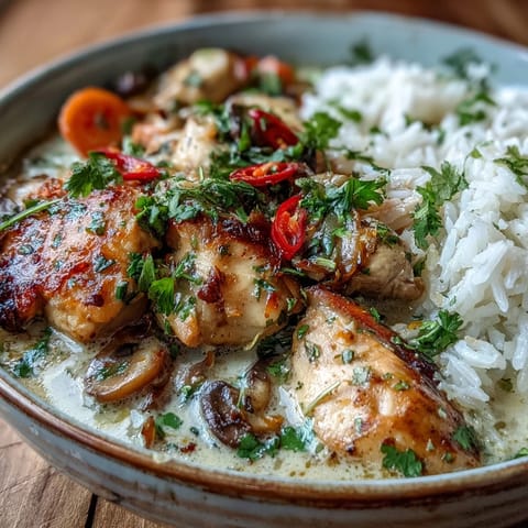 Steaming Thai coconut curry soup served with jasmine rice, featuring vibrant red curry paste, chicken pieces, and fresh herbs for an aromatic meal.