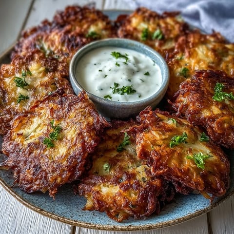 Crispy Cabbage Fritters with Dipping Sauce feature golden patties stacked high, paired with a creamy yogurt sauce for dipping.