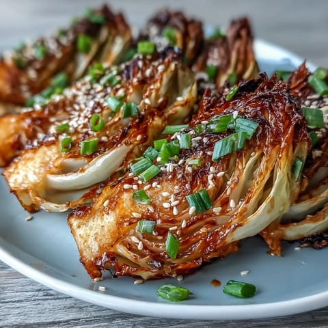 Savory Miso Butter Roasted Cabbage Wedges garnished with scallions, served hot alongside rice.