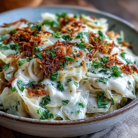 Warmly spiced coconut braised cabbage with turmeric and cumin simmered in a skillet, ready to be served over fluffy white rice.
