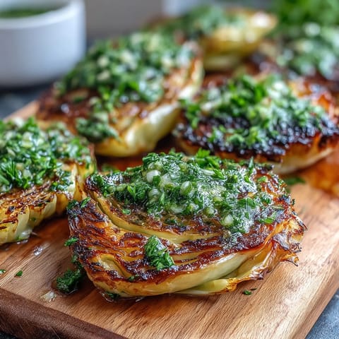 Cabbage steaks with jalapeño chimichurri served hot from the oven on a plate.
