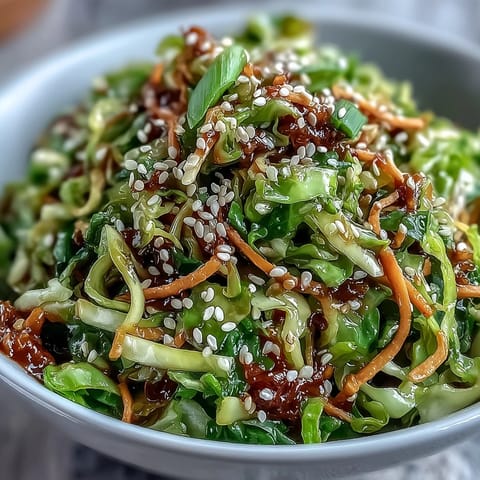 Bright white bowl of Hot and Sour Cabbage, garnished with toasted sesame seeds and fresh green scallions, ready to serve.