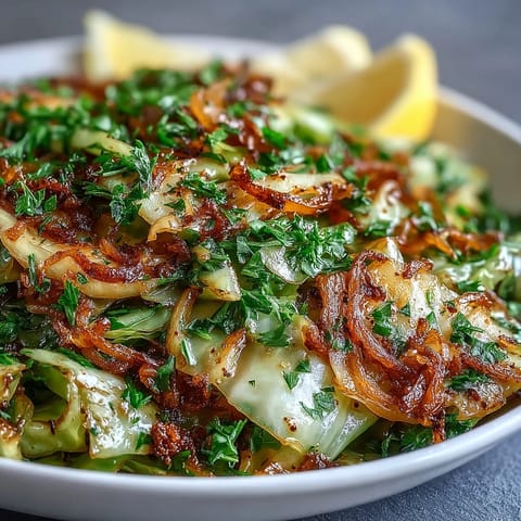 Freshly sautéed cabbage with garlic and Mediterranean spices glistens in a skillet, garnished with chopped parsley and lemon wedges.