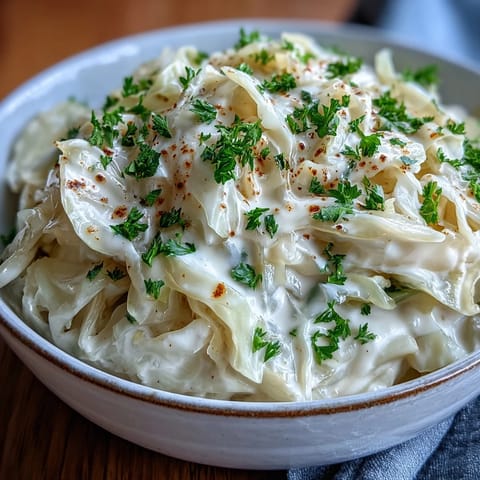Silky Creamed Cabbage simmering in a creamy sauce, garnished with fresh parsley and paired with roast chicken.