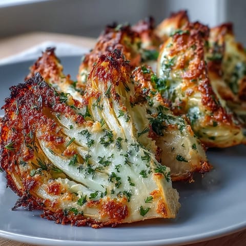 Golden-brown Roasted Garlic Parmesan Cabbage Wedges with crispy edges are served hot from the oven.