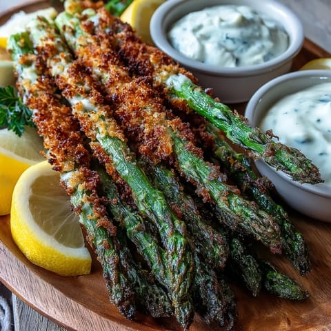 Crispy Asparagus Asiago Spears baked with golden panko crust and cheesy Asiago topping.