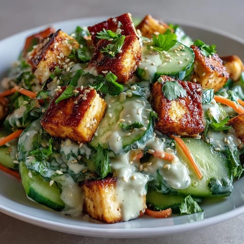 Savory tofu glistens as it meets crunchy cucumbers and a creamy sesame-ginger dressing in this refreshing Creamy Asian Cucumber Salad with Crispy Tofu.