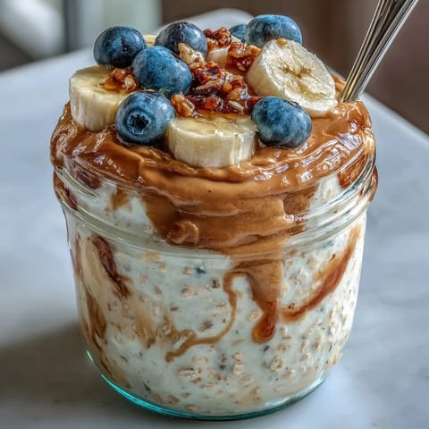 High-Protein Peanut Butter Overnight Oats topped with sliced bananas and crushed peanuts, a nourishing grab-and-go breakfast in a clear glass jar.