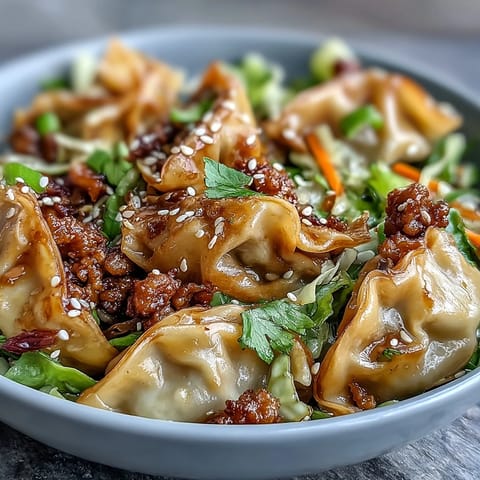 Tender rice noodles tossed in a savory soy-based sauce with crisp vegetables and savory browned pork for Potsticker Noodle Bowls.