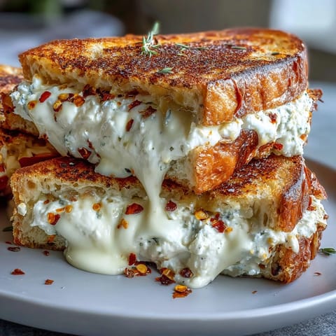 Buttery, crisp sourdough encases melted chèvre and cream cheese, topped with honey and chili flakes for a sweet heat.