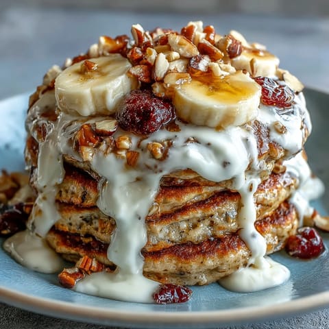 A hearty Protein Pancake Bowl topped with sliced bananas, blueberries, strawberries, and a generous honey drizzle.