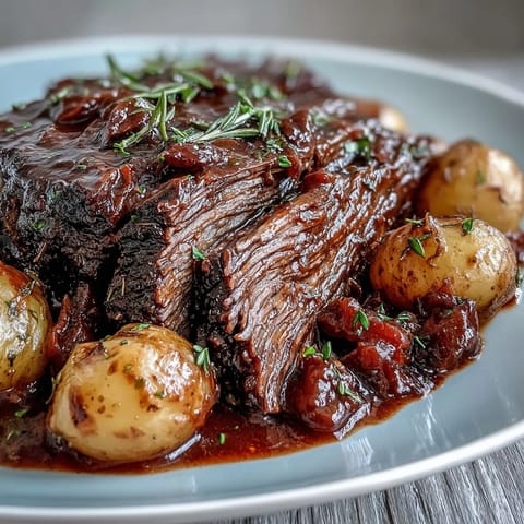 A hearty, rustic serving of beef pot roast plated with soft vegetables and fresh parsley garnish.