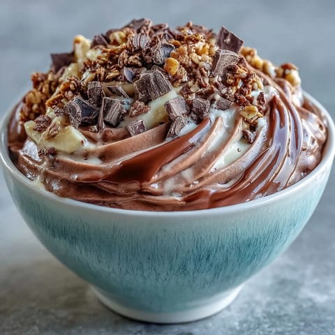 Thick Chocolate Peanut Butter Smoothie Bowl in a white bowl, garnished with banana slices, chopped dark chocolate, and crunchy granola.