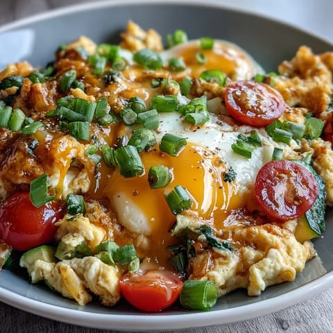 Fluffy scrambled eggs with sautéed vegetables and melted cheese in a wholesome breakfast bowl.  