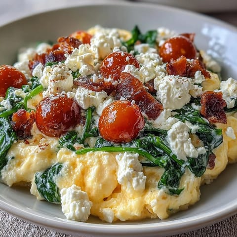 Creamy feta crumbles and fresh baby spinach top perfectly scrambled eggs in this hearty, Mediterranean-inspired breakfast bowl.