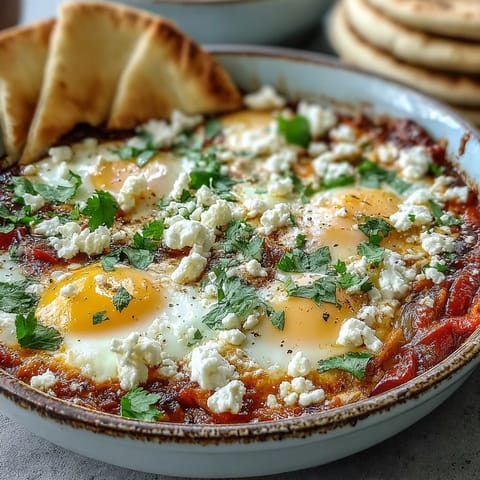 Colorful shakshuka bowl featuring runny eggs nestled in rich, aromatic tomato and pepper sauce, garnished with fresh herbs.  