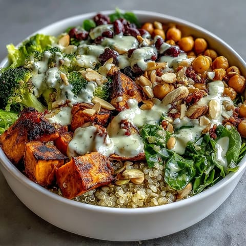 Wholesome vegetarian power bowl layered with quinoa, black beans, chickpeas, and colorful roasted veggies for a nutritious lunch.  