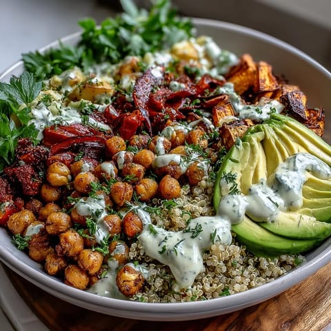 Crispy roasted chickpeas and colorful vegetables served over quinoa in a nourishing power bowl with creamy tahini dressing.