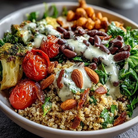 Colorful and nourishing quinoa power bowl featuring roasted zucchini, bell peppers, carrots, and protein-rich beans, topped with nuts and seeds.  