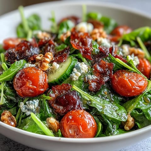 Vibrant spring greens salad with honey mustard dressing, cherry tomatoes, cucumber, and crunchy toasted walnuts.  