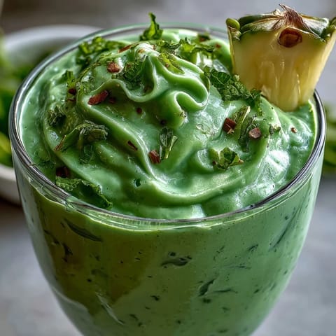 A vibrant green shamrock smoothie bursting with fresh spinach, sweet pineapple, and creamy banana for a tropical, nutrient-packed treat.