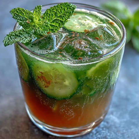 A vibrant glass of cucumber, apple, and ginger detox juice with fresh mint garnish, perfect for a refreshing cleanse.
