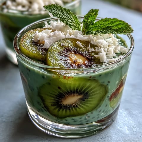 Creamy kiwi and lime chia pudding cups with vibrant green kiwi slices and coconut flakes, perfect for a refreshing vegan breakfast or snack.