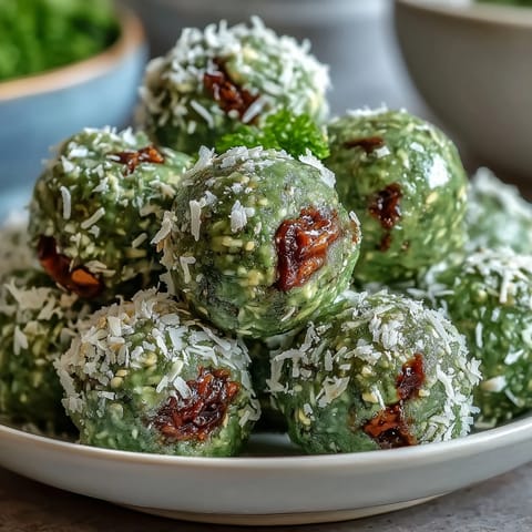 Matcha coconut energy balls with oats, rolled in shredded coconut for a vibrant, energizing snack.  