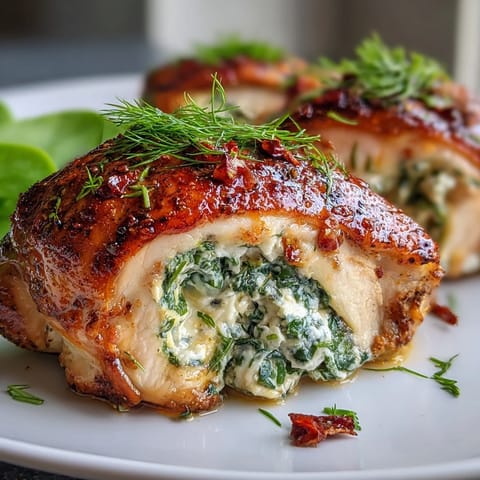 Spinach and feta stuffed chicken breasts baked to golden perfection with a creamy, herb-filled center.